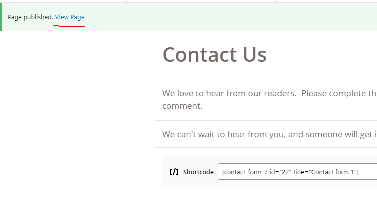 Contact Us Page Published Confirmation