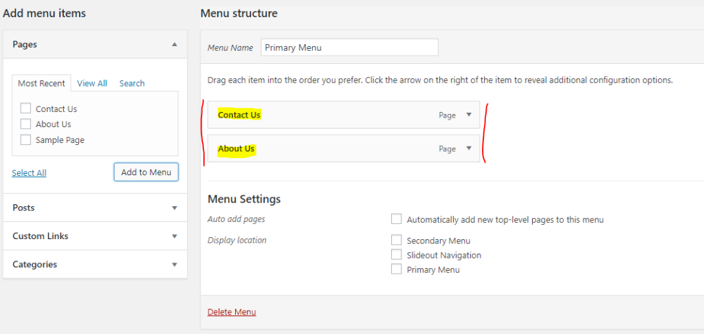 Pages Added to Menu